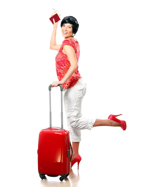 Obrázek Krásné Šťastné Ženy Červeným Kufříkem Dovolenou — Stock fotografie