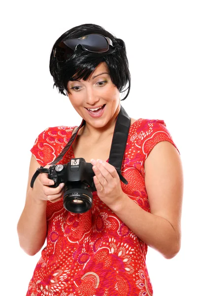 Szczęśliwy turysta dowcip aparatu — Zdjęcie stockowe