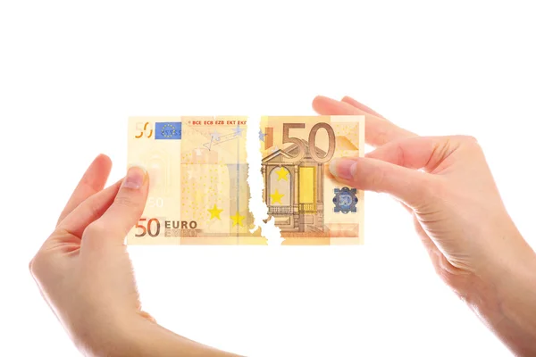 Déchirer un billet de cinquante euros — Photo