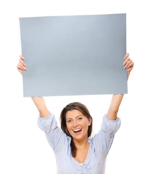 Happy woman with a banner — Stock Photo, Image