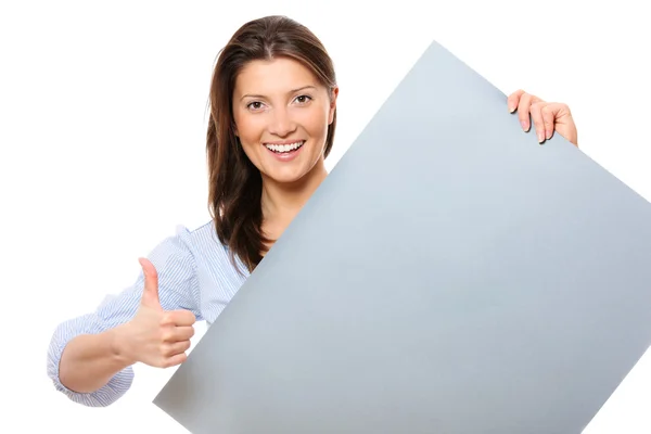 Happy woman with a banner — Stock Photo, Image