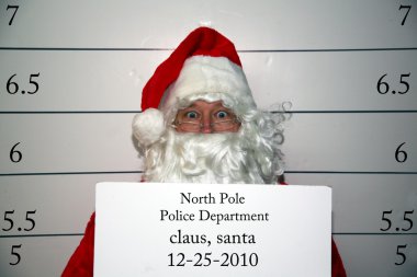 Santa Claus Mugshot. Santa is scared as his mugshot is taken for his arrest photo clipart