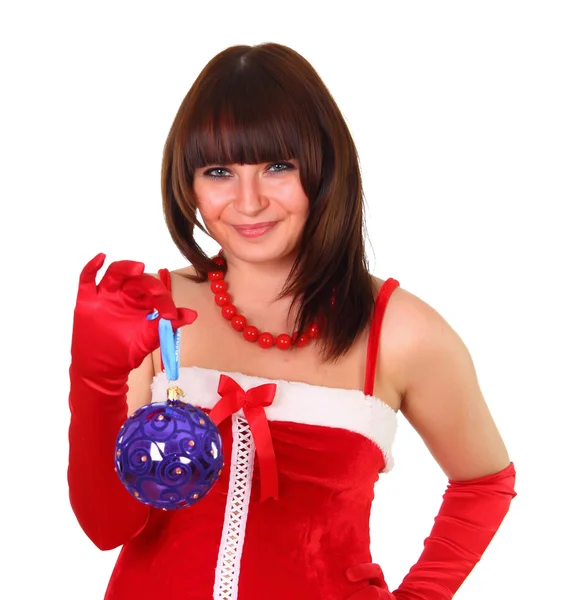 Brünettes Mädchen im Weihnachtsmann-Kleid mit Herz-Weihnachtsdekoration — Stockfoto