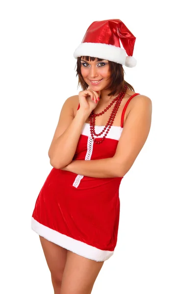 Hübsche junge Frau im Weihnachtsmann-Kleid — Stockfoto
