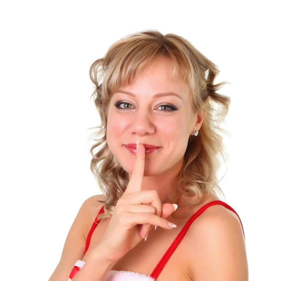 Una bella giovane donna in mutande vestito appassire dito alle labbra dicendo shh — Foto Stock