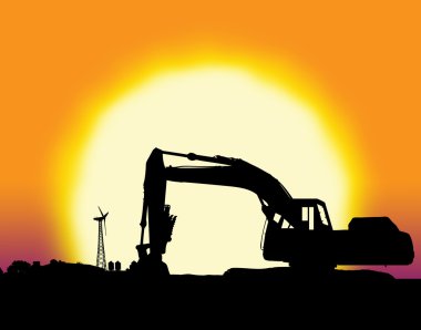 Backhoe with big yellow sunset clipart