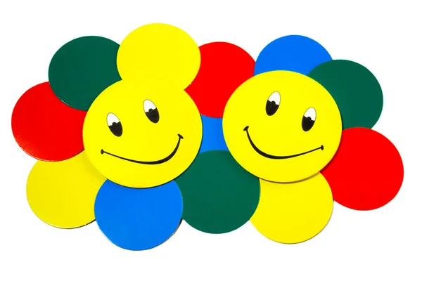 Δύο Χαμόγελα Και Χρωματιστοί Κύκλοι Λευκό Φόντο — Φωτογραφία Αρχείου