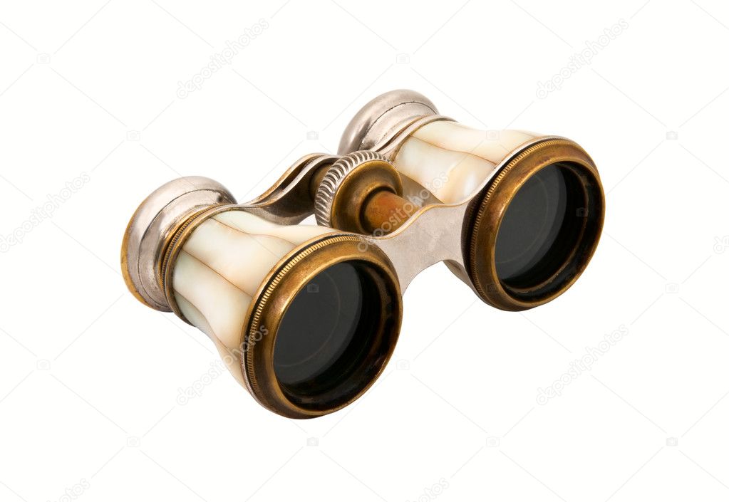 The old opera glasses, pearl shell on white background