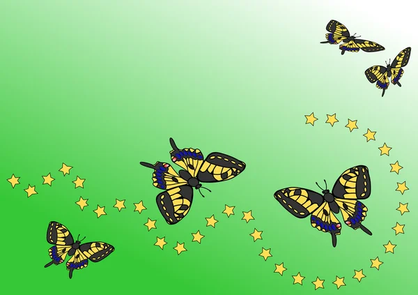 Fünf Schmetterlinge und eine Reihe gelber Sterne — Stockfoto