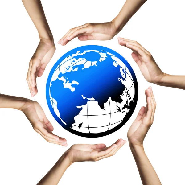 Blue planet (Earth) surrounded by hands — Stock Photo, Image