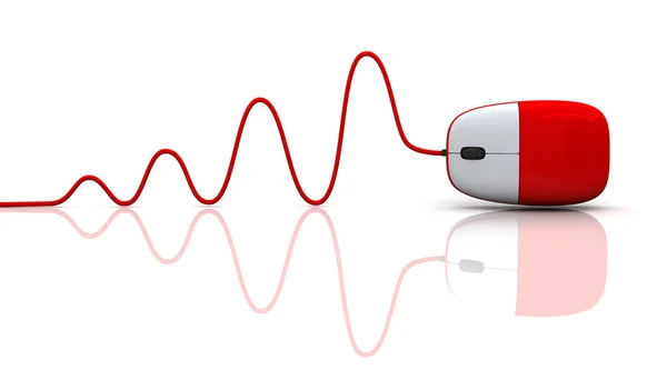 Červená počítačová myš s kabelem — Stock fotografie