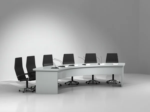 Mesa de conferencias y sillas con micrófonos —  Fotos de Stock
