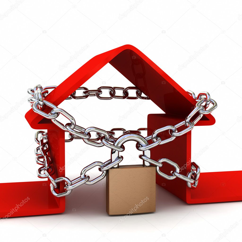 Home locked in chains on white background