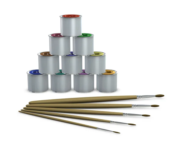 Color tins and paintbrushes — Stock Photo, Image