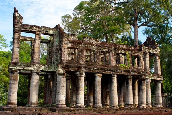 Zarostlá Khmerská zřícenina angkor wat, Kambodža. — Stock fotografie