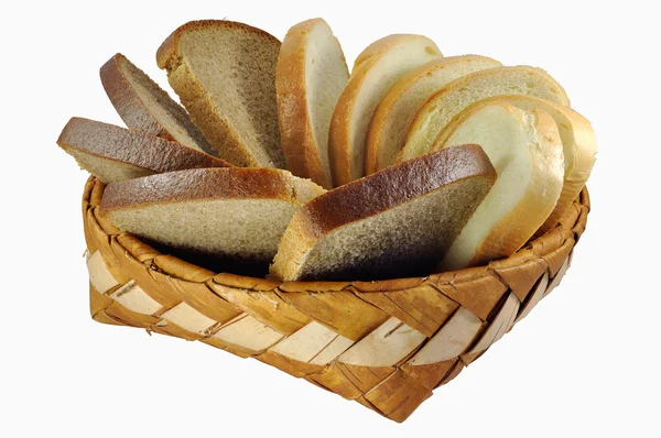 stock image Braided birch-bark bread box with white and brown bread