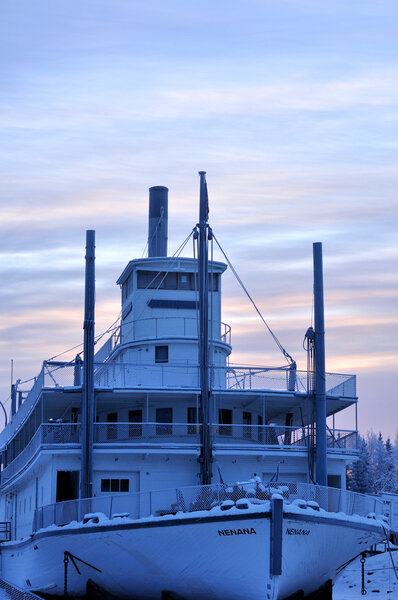 Historic Alaska Riverboat at Dusk in Winter