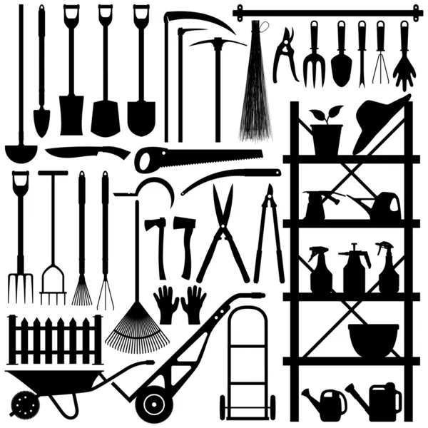 Trädgårdsarbete verktyg siluett — Stock vektor