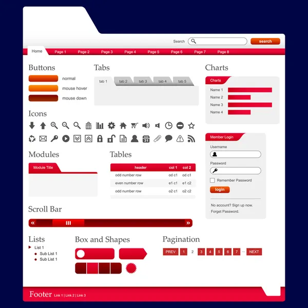 Web デザイン テンプレートとテーマを持つ要素の完全なセット — ストックベクタ