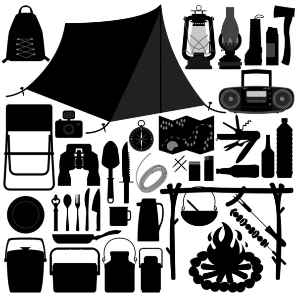 Lägret camping picknick rekreation verktyg — Stock vektor