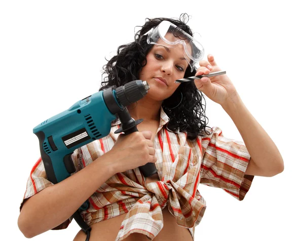 Repair woman with driller — Stock Photo, Image
