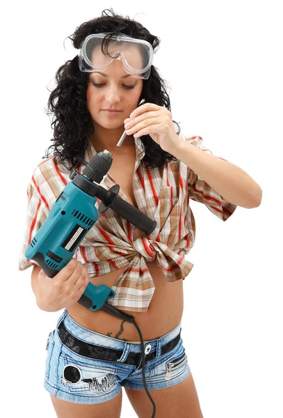 Reparatie vrouw met driller — Stockfoto