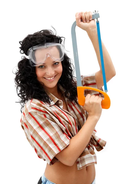 Sexy craftswoman with a saw — Stock Photo, Image