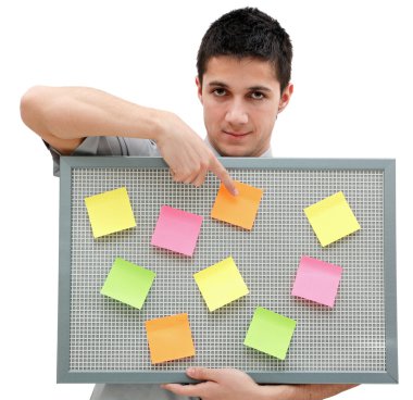 Young man showing onto the reminder board clipart