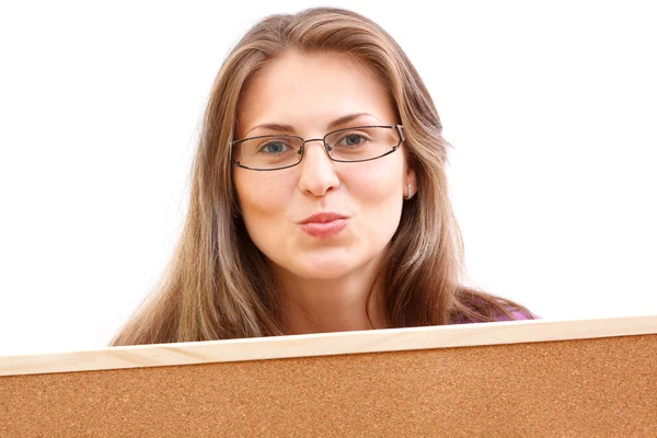 Woman with a corkboard — Stock Photo, Image