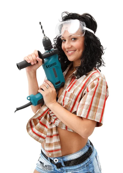 Girl with drilling machine — Stock Photo, Image