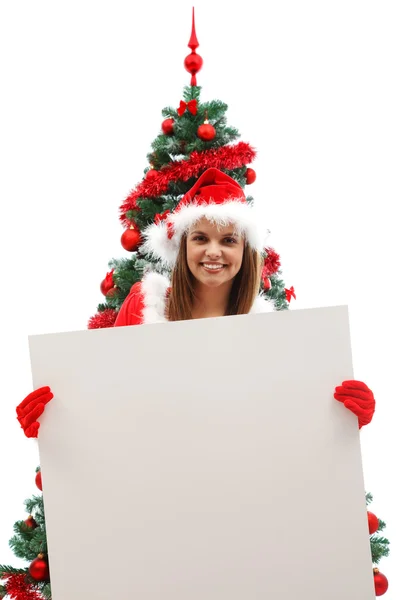 Female Santa with blank sign — Stock Photo, Image