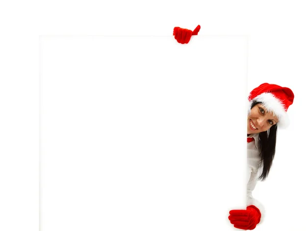 Санта-женщина с рекламным щитом — стоковое фото