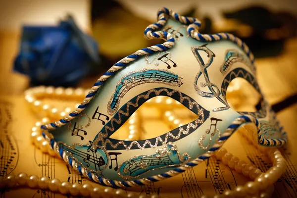 Ornate Carnival Mask Music Paper Rose Pearl — Stock Photo, Image