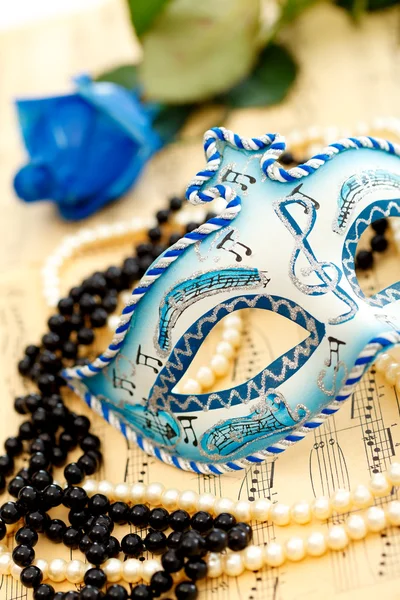 Ornate Carnival Mask Music Paper Rose White Black Pearls — Stock Photo, Image