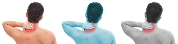 Homem com dor no pescoço, colagem — Fotografia de Stock