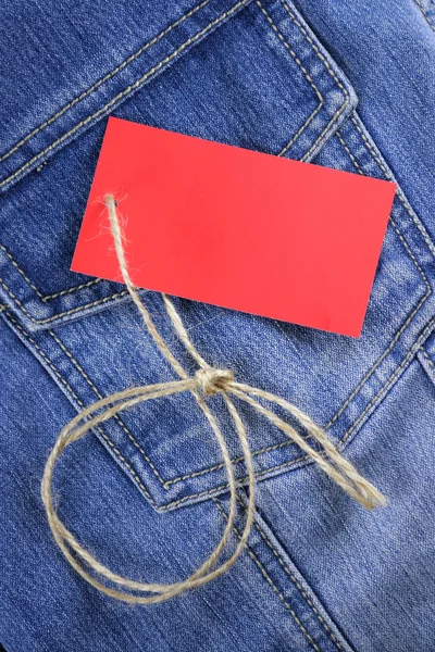 Preço Tag Sobre Jeans Fundo Coloque Seu Próprio Texto Aqui — Fotografia de Stock