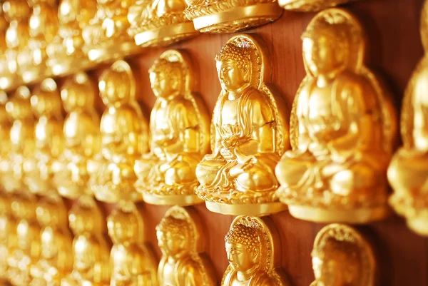 Mnozí z Zlatá socha Buddhy na dřevěné stěně obrazce v čínský chrám — Stock fotografie