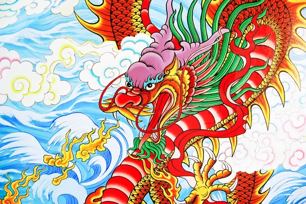 Dipinto drago su parete nel tempio cinese in Thailandia — Foto Stock