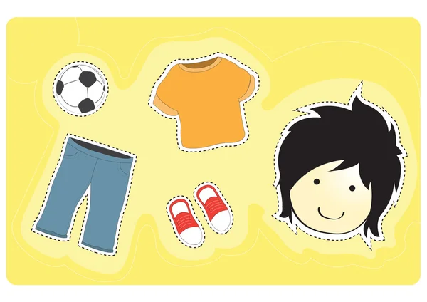 Jeune garçon avec une variété de vêtements pour habiller illustration vectorielle de dessin animé — Image vectorielle