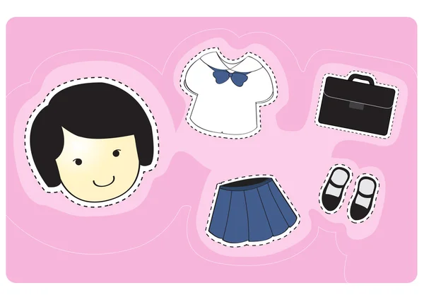 Girl student with variety of clothes for dress-up cartoon vector illustrati — Stock Vector