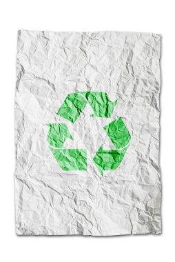 Recycle symbol on wrinkled paper isolated on white background clipart