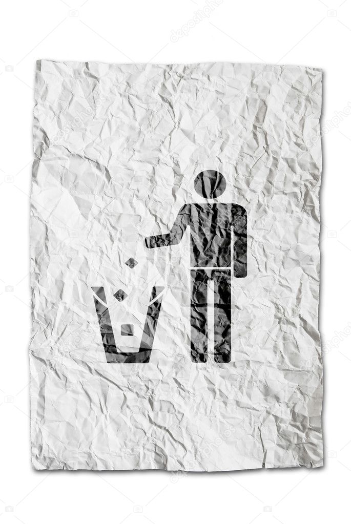 Person dumping recycle symbol on wrinkled paper isolated on whit