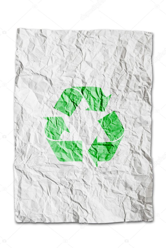 Recycle symbol on wrinkled paper isolated on white background