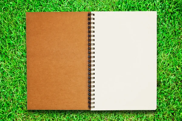 Blank notebook open on green grass field — Stock Photo, Image