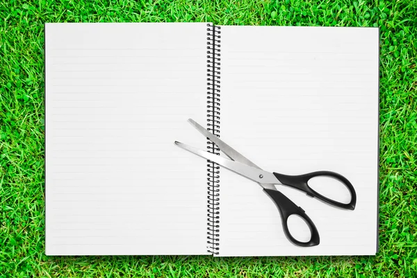 A scisscors a zöld fű mező üres notebook — Stock Fotó