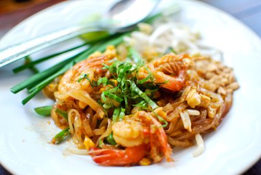 Thai style noodle with fresh shrimp , Pad thai , Thailand