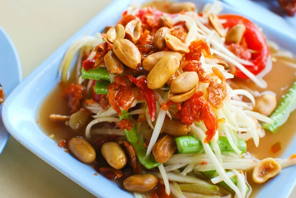 Thaise Papaja Salade Warm Kruidig Gemengd Van Verscheidenheid Van Plantaardige — Stockfoto