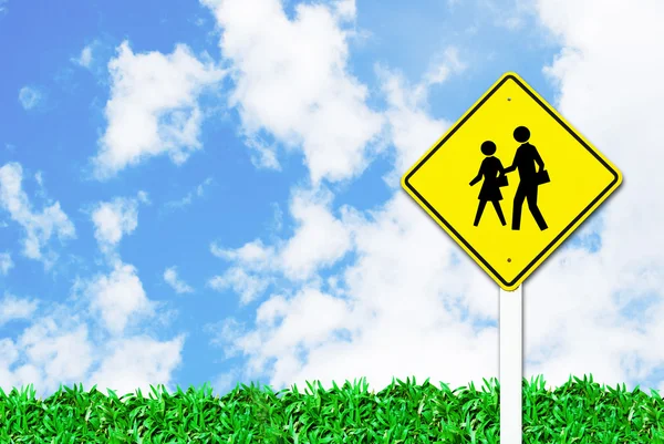 School Warning Traffic Road Sign Beautiful Sky Grass Field Background — Stock Photo, Image