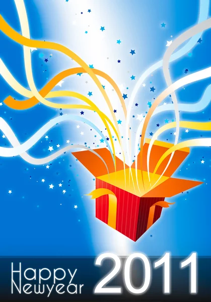 Happy New Year 2011 Surprise Gift Box Lot Ribbon Star — Stock Photo, Image