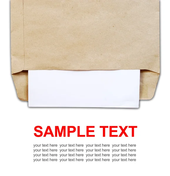 Bruin Document Envelop Met Papier Opmerking Geïsoleerd Een Witte Achtergrond — Stockfoto